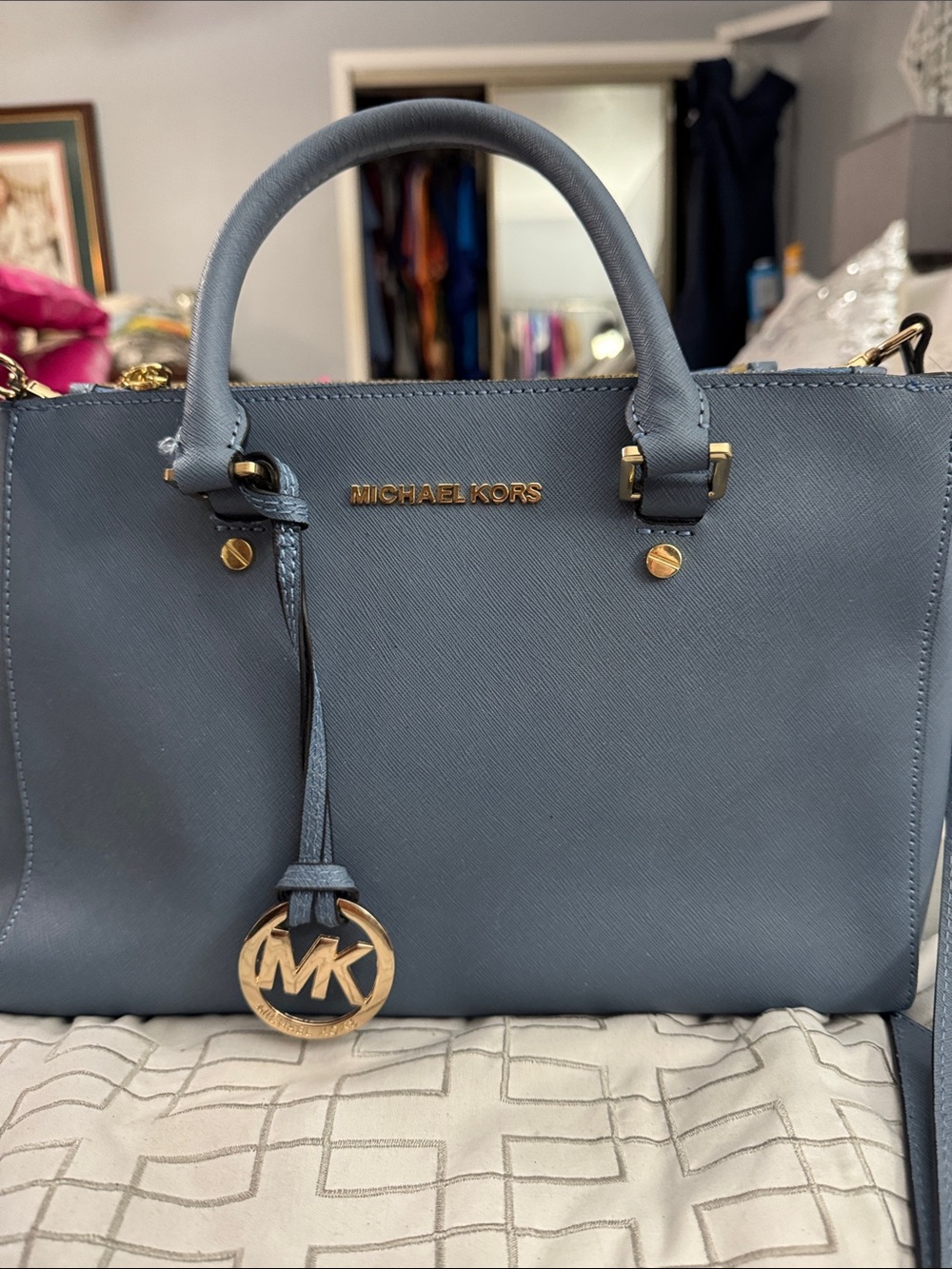 MICHAEL KORS Slate Blue Saffiano Leather Satchel with Gold Hardware